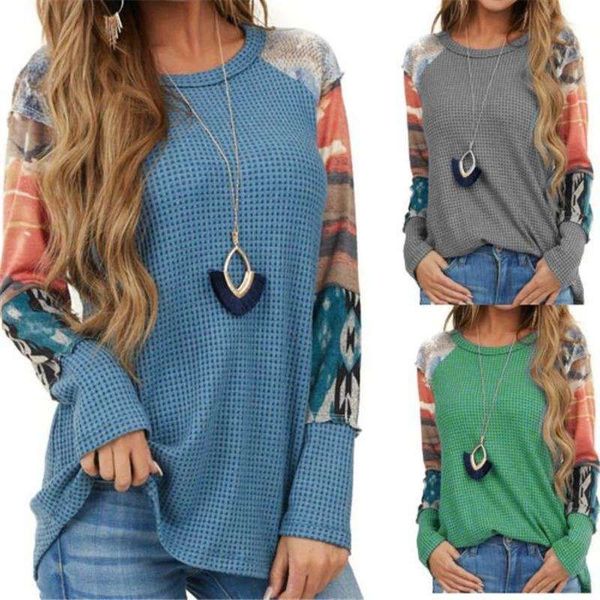 

women's autumn new style shoulder stitching ethnic totem printed t-shirt long sleeve top, Black;gray