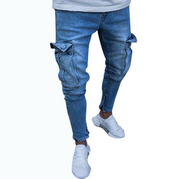 

men's jeans fashion men bottoms pocket ripped skinny pencil pants male casual denim streetwear 3xl plus size, Blue