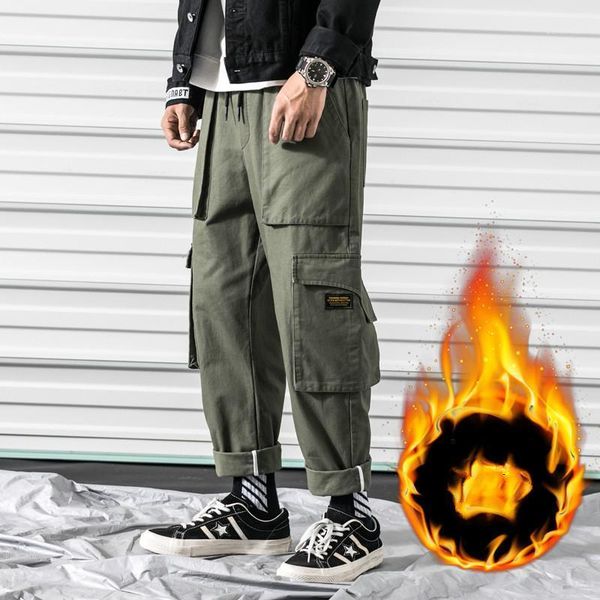 

2020 streetwear japanese men casual pants winter men plus size straight multi-pocket plus velvet thick overalls hip-hop pants1, Black