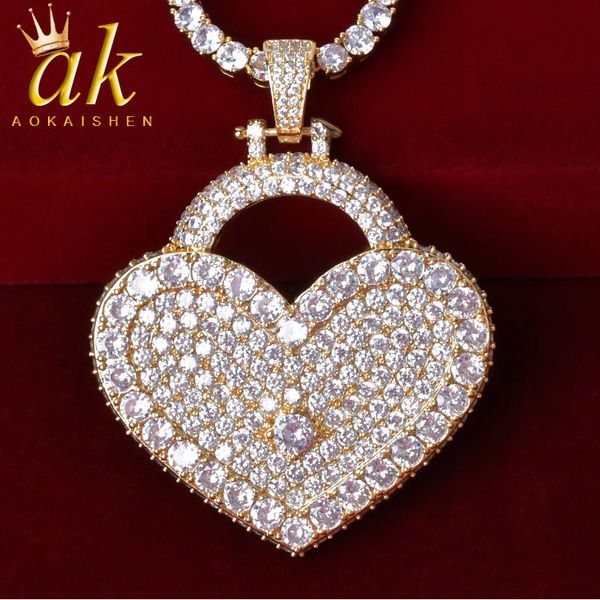 

big heart pendant necklace tennis chain gold color iced zircon men's hip hop rock jewelry 6.3x4.9cm q1209, Bronze;silver