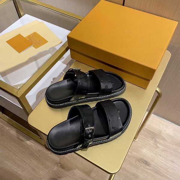 

slippers luxury womens slides slipper summer sandals mens luxurys designers real leather platform sandal flats fashion old flower shoes, Black