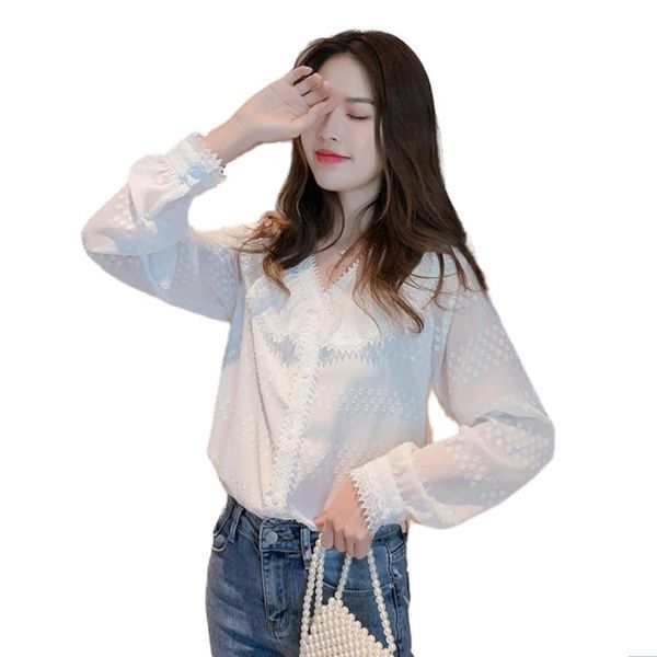 

women's blouses & shirts spring autumn style chiffon blouse shirt button v-neck solid color long sleeve lace casual sp969, White