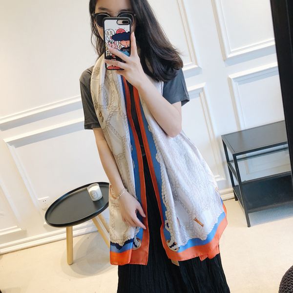 

spring and summer 2020 new silk satin temperament chain stripe long scarves scarves women imitation real silk air conditioning shawl klwe, Black;purple