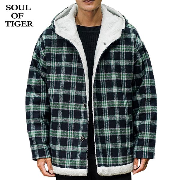 

soul of tiger korean fashion mens vintage plaid parka male casual loose hooded jacket winter warm fur oversized coat xxxxxl 201119, Black