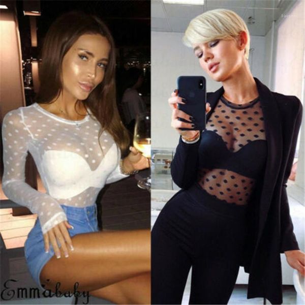 

2020 fashion women polka dot long sleeve see through mesh fishnet shirt 1, White