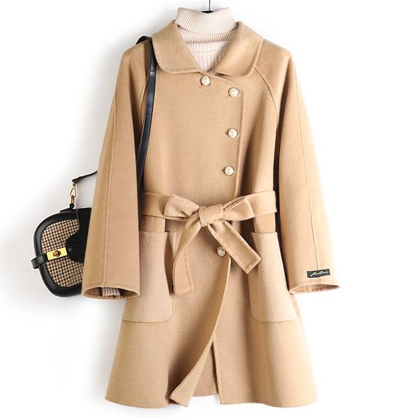 

2021 new fashion hand-sewn net red solid color loose double-sided cashmere large and medium long doll collar jacket women b143, Black