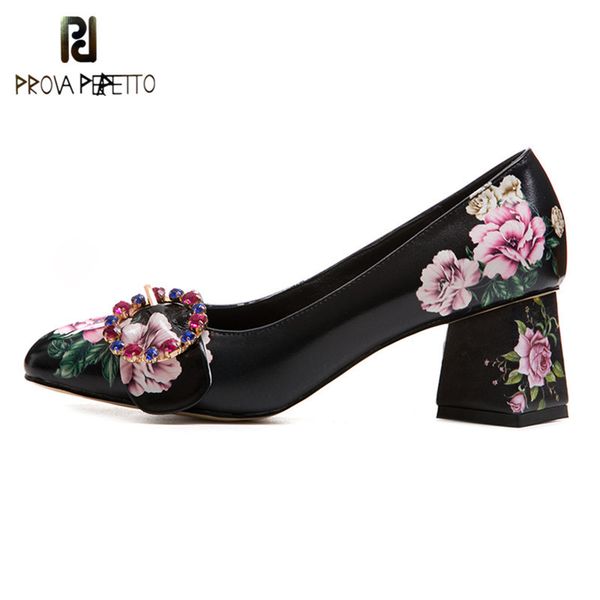 

prova perfetto fashion rhinestone flower high heels shoes woman square toe real leather zapatos mujer tacon women party shoes y1215, Black
