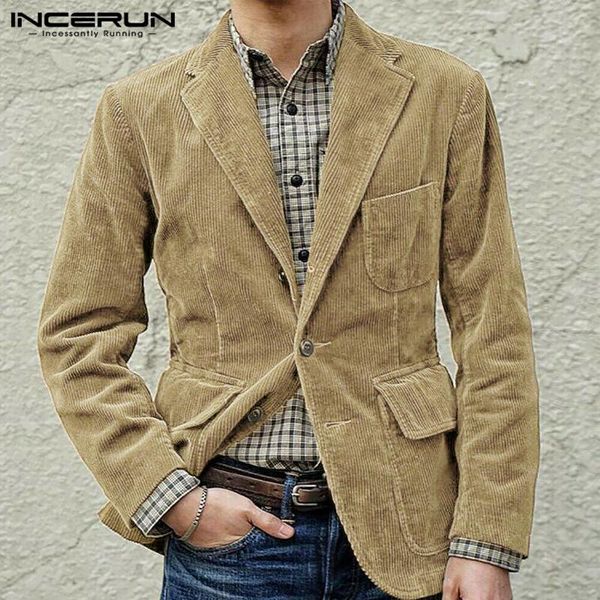 

vintage men corduroy blazers solid color business casual suit multi pockets long sleeve jackets lapel elegant men blazer incerun, White;black