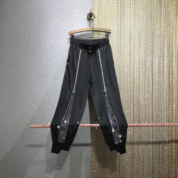 

women's pants & capris 2021 summer autumn women's zipper mesh with rhinestones elastic waist girls street wear ladies harem a35361, Black;white