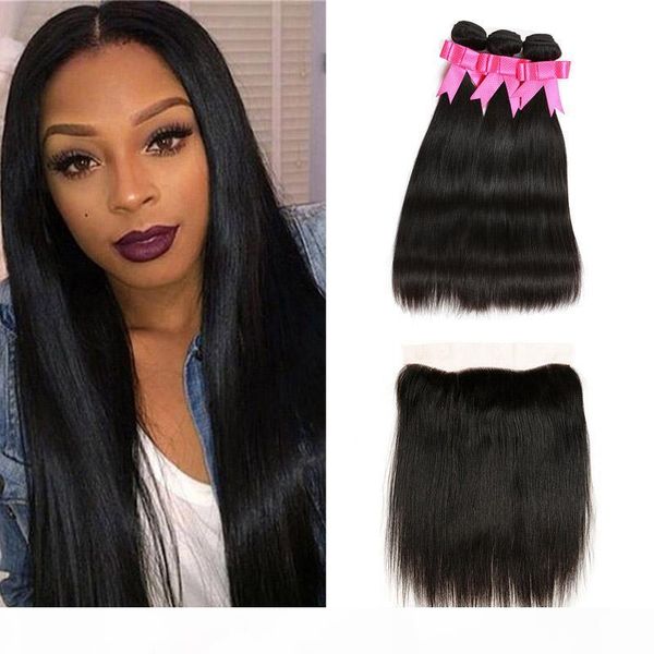 

brazilian straight 3 bundles with 13x4 lace frontal natural hairline unprocessed brazilian virgin human hair weaves extension natural color, Black;brown