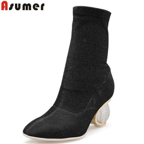 

asumer 2020 fashion autumn shoes woman square toe elastic boots elegant prom high heels ankle boots for women big size 35-43, Black