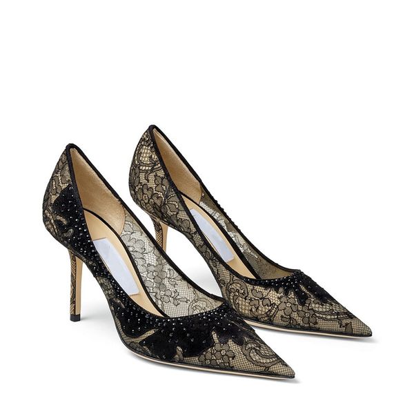 

2021 early spring collection rhinestone lace czech rhinestone high heels double-layer lace fabric super elegant and a little sexy, Black