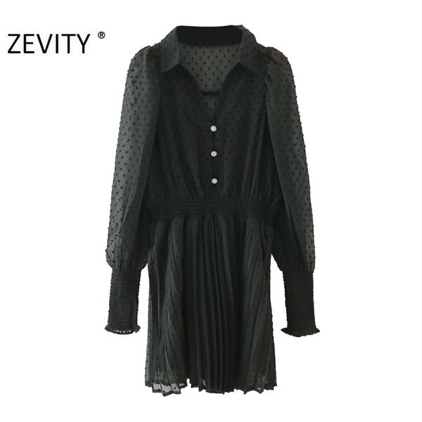 

zevity women fashion v neck dots stitching black chiffon pleated dress femme long sleeve vestido chic casual slim dresses lj201203, White;black