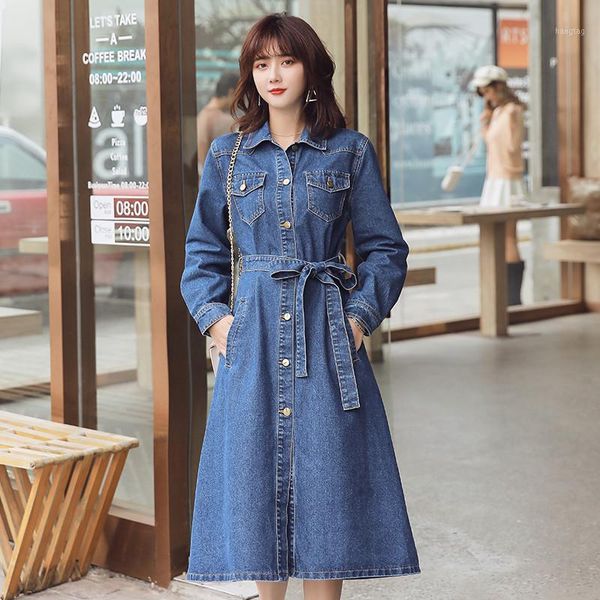 

fashion denim dress female long-sleeved 2020 spring autumn new korean lace-up slim waist long denim trench coat for women b1091, Tan;black