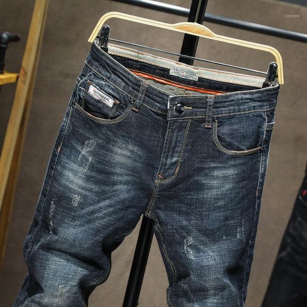 

2020 autumn jean homme men jeans slim fit black denim spijker broeken heren biker stretch pants trousers casual distressed,65001, Blue