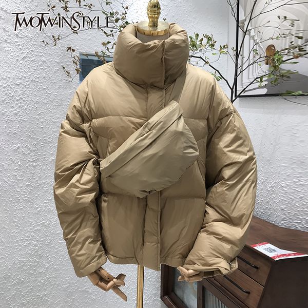 

twotwinstyle patchwork bag cotton coat for women stand collar long sleeve casual korean coats female winter fashion new 201029, Black