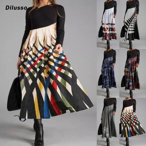 

casual dresses women printed long sleeve patchwork elegant ankle-length ladies female autumn winter chic fashion, Black;gray