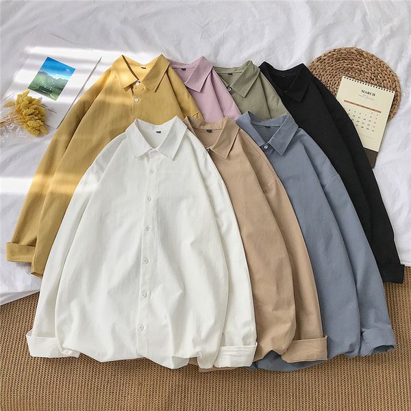 

baidafeili 2020 new autumn 100% cotton solid hong kong style full sleeve shirts loose japanese simple versatile clothing trend c1210, White;black