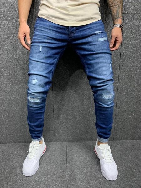 

men's jeans men hole pants casual summer autumn male ripped skinny trousers slim biker outwears 2021, Blue