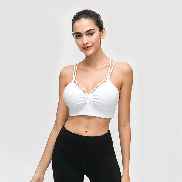 

gym clothing deep-v neck sports bras women front pleated push up yoga bra thin strappy fitness exercise sport brassiere femme1, White;black