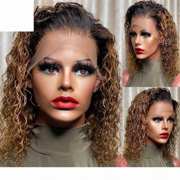 

dmido 13x6 honey blonde curly short brazilian hair lace front wigs remy hair lace front human bob cut wigs 150% density, Black;brown