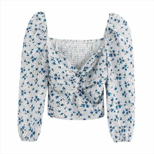 

women deep v neck print dot short shirt puff sleeve slim blouses women back elastic roupas femininas chemise shirts ls6414, White