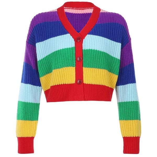 

women long sleeve knitted cardigan v-neck single-breasted sweater coat rainbow stripes vintage oversized loose crop top, White