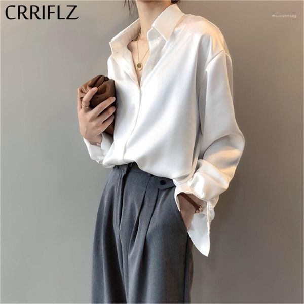 

crriflz 2020 new spring women fashion long sleeves satin blouse vintage femme v neck street shirts elegant imitation silk blouse1, White