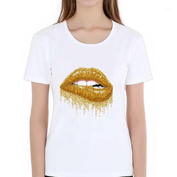 

new harajuku make up aesthetics t-shirt lips gold glitter print women t-shirt fashion casual couple girl casual tees1, White