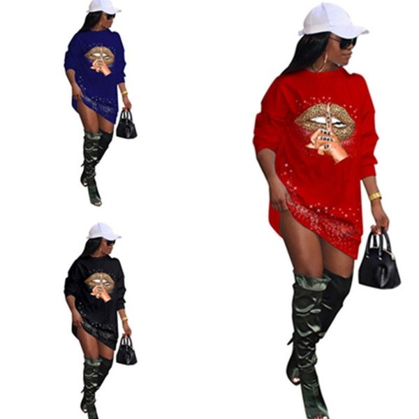 

s-2xl womens casual sport dress oversize loose cartoon big mouth dresses long sleeve spring summer clothing fashion skirt g20301, White