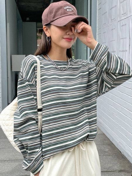 

dazy colorful striped drop shoulder tee o2ot#, White
