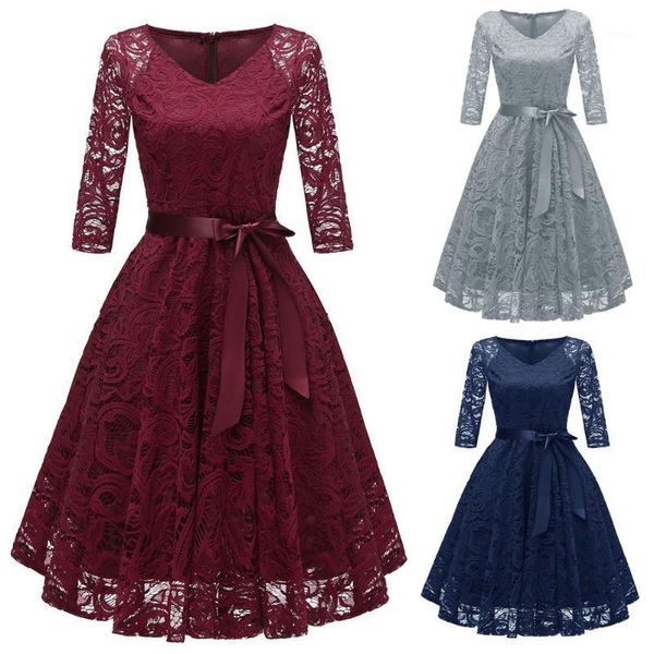 

vintage women floral lace cocktail party dress elegant female v-neck long sleeve aline swing dresses with belt vestido de mujer1, Black;gray