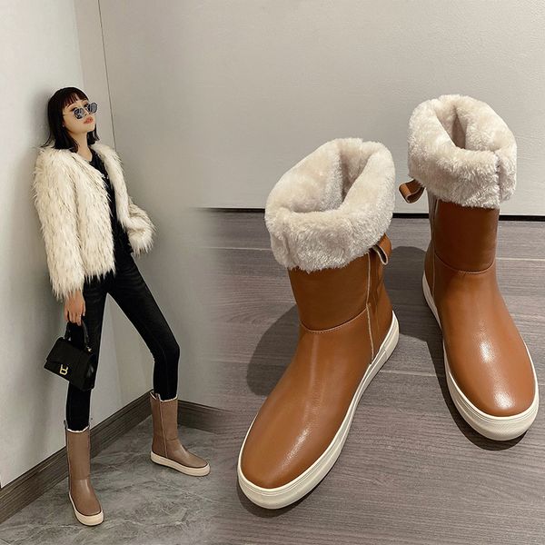 

2020 dwaterproof women's water winter shoes girls'leather snow platform keep warm mid-calf with thick skin mujer boots f07z, Black