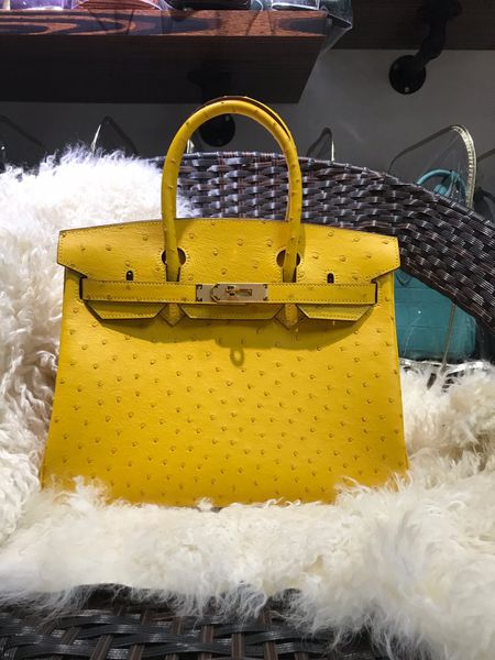 

whosale fully handmade real ostrich skin design purse 30cm yellow burgundy color wax stitching gold and silver hardware fast delivery