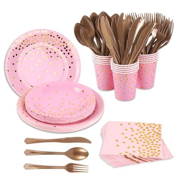 

Europe and America Bronze Pink Dots Disposable Dixie Cup Paper Pallet Paper Towel Theme Birthday Party Tableware Set