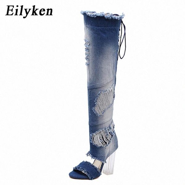

eilyken women sandals 2021 summer over knee denim gladiator sandals boots knee high open toe boot woman shoes skyblue size 40 #zl8z, Black