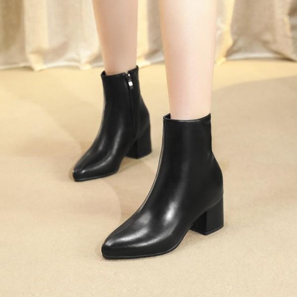 

big size ma'am coarse heel short boots pure color pointed fashion boot barrel high heel boots1, Black