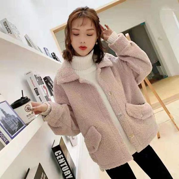 

women's winter lamb wool coat 2020 new korean loose fur one piece cashmere jacket lapel thicken warm soft college style 1, Black