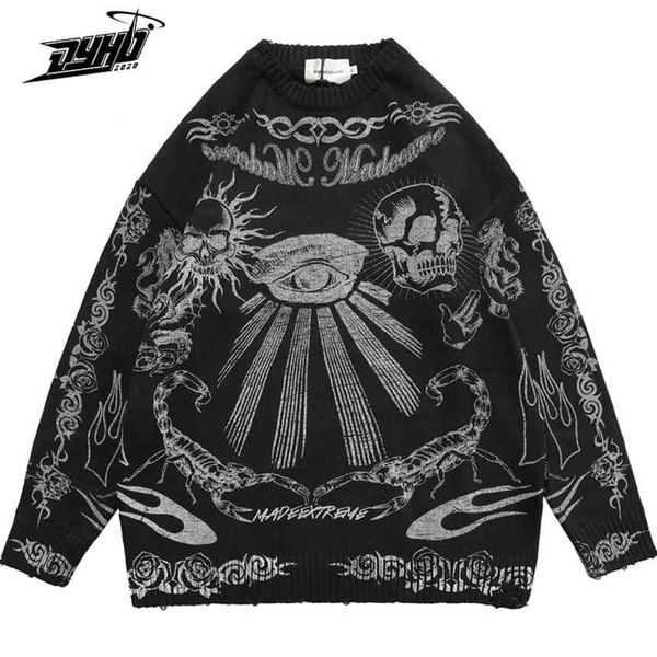 

Men's women's large vintage knitted sweaters, Harajuku skeleton graffiti, cotton, neutral, autumn and winter, 2021, White;black