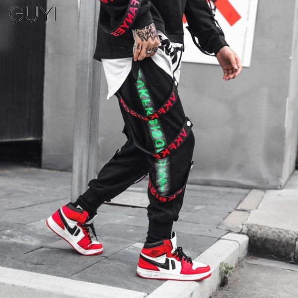 

letter ribbons hip hop pants for men joggers casual streetwear vintage harem pants male trousers cargo sport men's black pants 201027