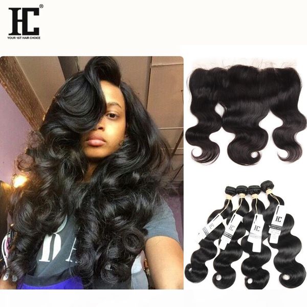 

hc hair body wave brazilian human hair products with lace frontal closure 5pcs brazilian virgin hair bundles with lace frontal closure 13*4, Black