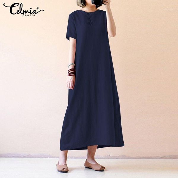 

2019 celmia women vintage shirt dress summer ladies short sleeve casual buttons loose solid party maxi vestidos plus size s-5xl1, Black;gray