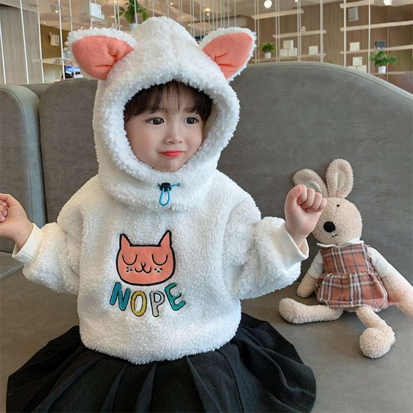 

plush sweater girls' cartoon hooded thickened children's pullover, Black