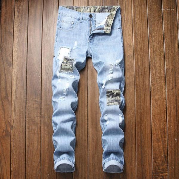 

winter spring streetwear male ripped straight jeans cotton men's slim fit patchwork denim pants solid color outwears trousers1, Blue