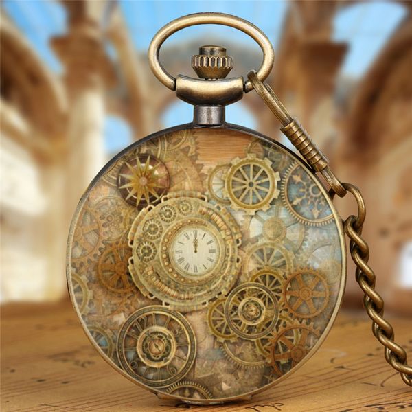 Bronze Personalisiertes Design Taschenuhr Antikes Zahnradmuster Herren Damen Quarzuhr mit Anhängerkette Reloj