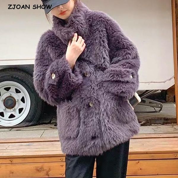 

stay warm winter stand collar hairy shaggy faux fur jacket vintage long sleeve center button furry coat loose mid long outerwear, Black