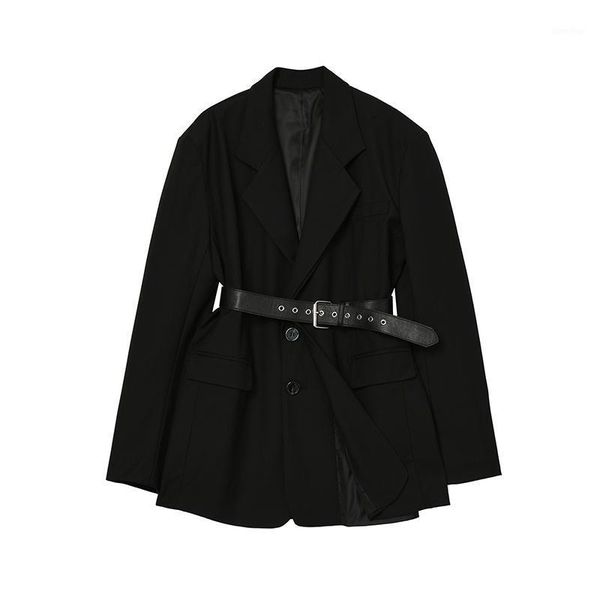 

black blazer coat women 2021 fashion solid color lapel with belt casual loose temperament female outerwear jacket chic 1, White;black