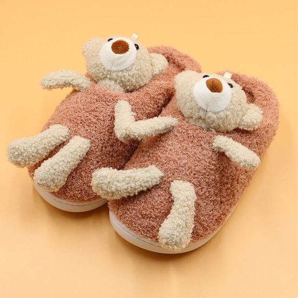 

winter warm slippers for home bear-doll 3d designer kawaii flat shoes women slides indoor cute plush lovers thick fur slippers, Black