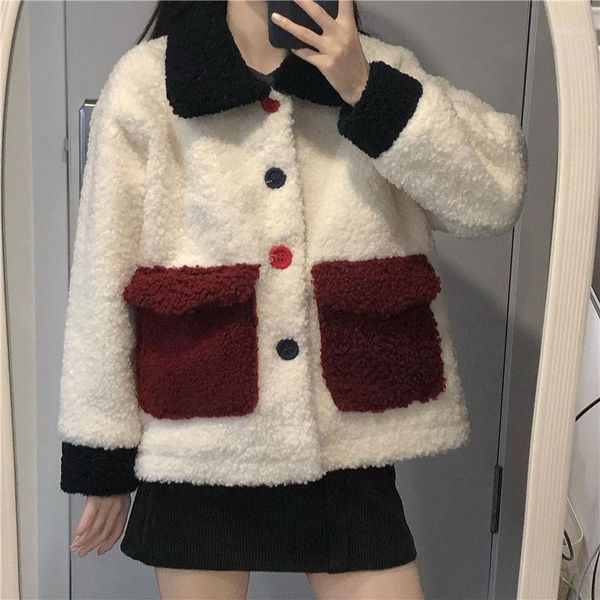 

korean new style cotton jacket with thickened color matching lapel popular lamb wool coat manteau femme hiver faux fur1, Black