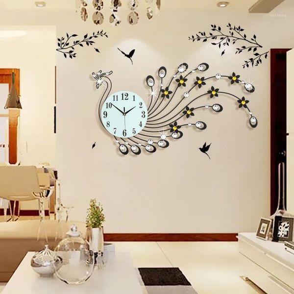 Relógios de parede Relógio 3D Design moderno decoração de casa Relógios Sala de estar 39pcs diamantes pavão decorativo ferro forjado silencioso relógio grande1